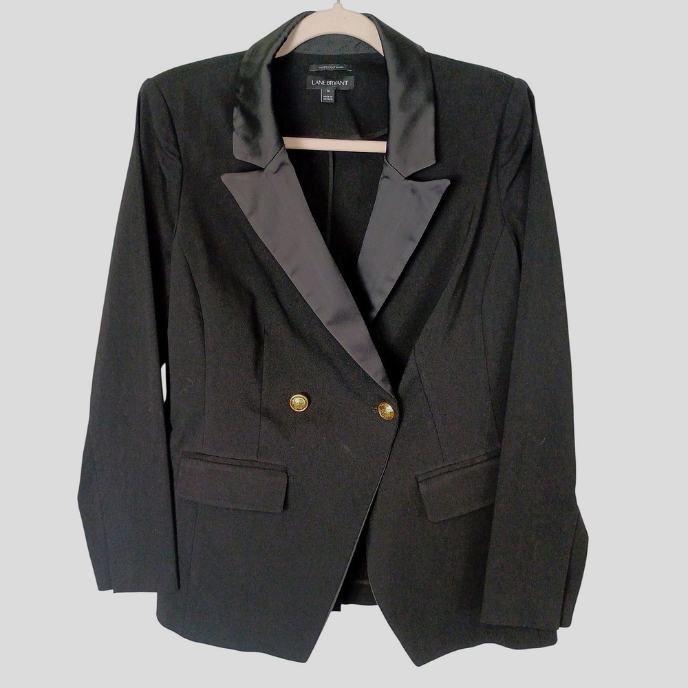 Lane Bryant The Bryant Blazer Black Satin Lapel Double Breasted Gold Buttons 14